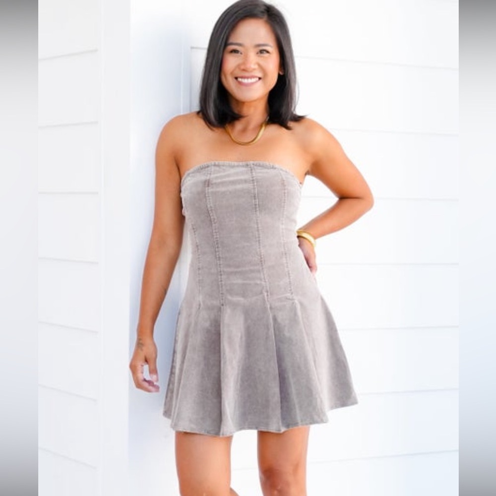 Hyfve brown taupe strapless corduroy mini dress NWOT.
